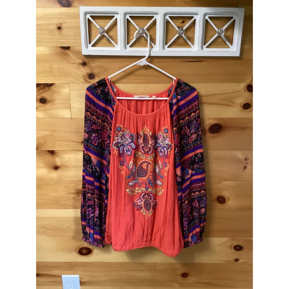 Soft Surroundings Womens 1X Embroidered Boho Blouse Orange Floral Paisley Top